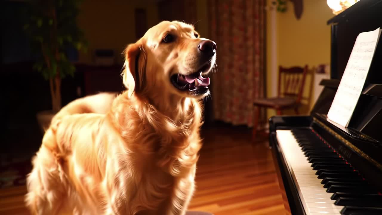 A Golden Retriever Enthusiastically Engaged in Music at a Piano, Showcasing Playful and Heartwarming Moments in a Cozy Indoor Setting