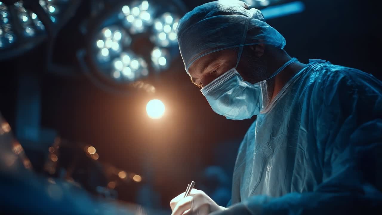 Kirurg fokuseret på en delikat procedure på en operationsstue om natten.