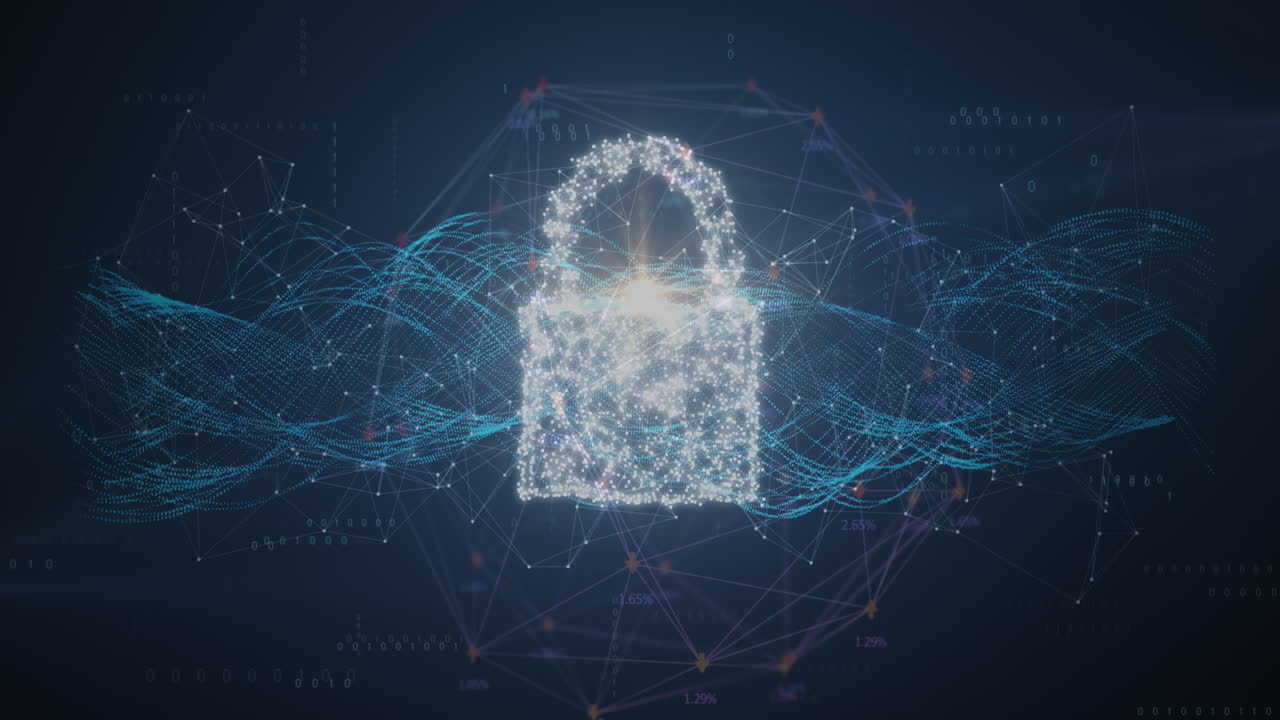 Animation of padlock and shield, globe, wave pattern, cropped hand of caucasian man touching screen