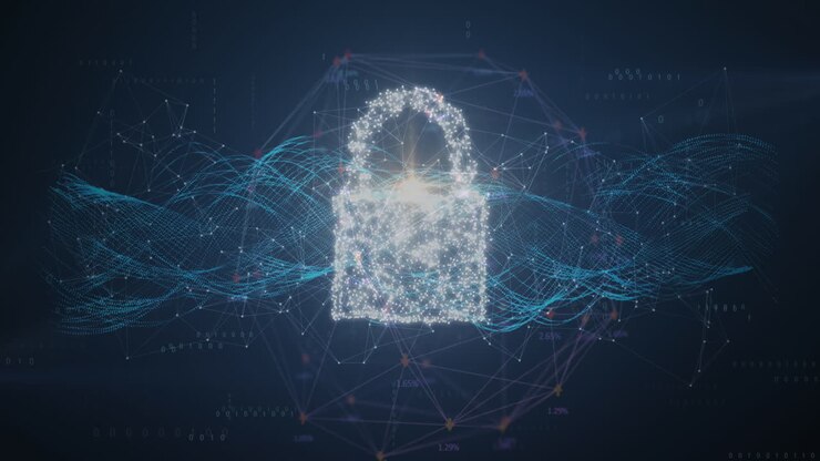 Animation of padlock and shield, globe, wave pattern, cropped hand of caucasian man touching screen