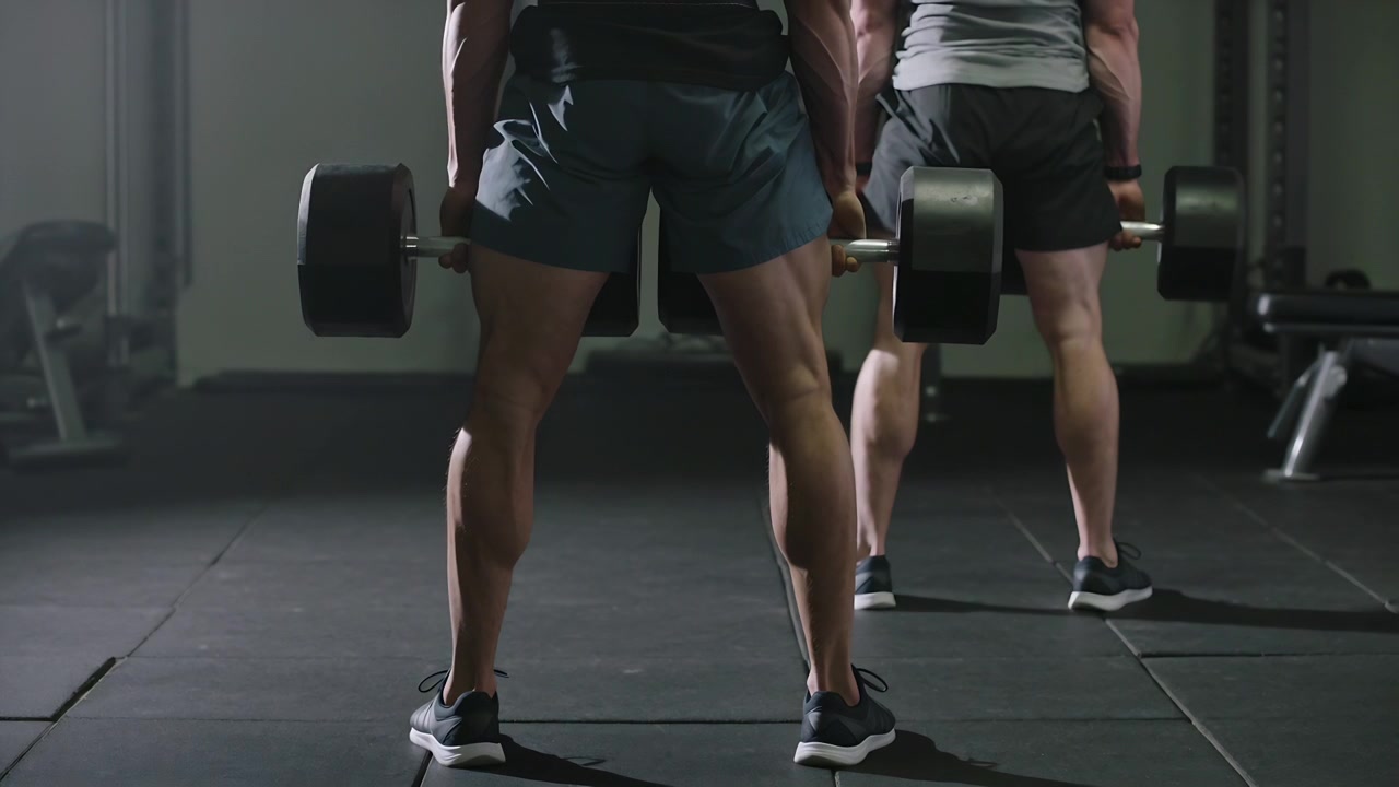 Lifting two men gripping heavy dumbbells, performing synced deadlifts in tanks at gym for strength