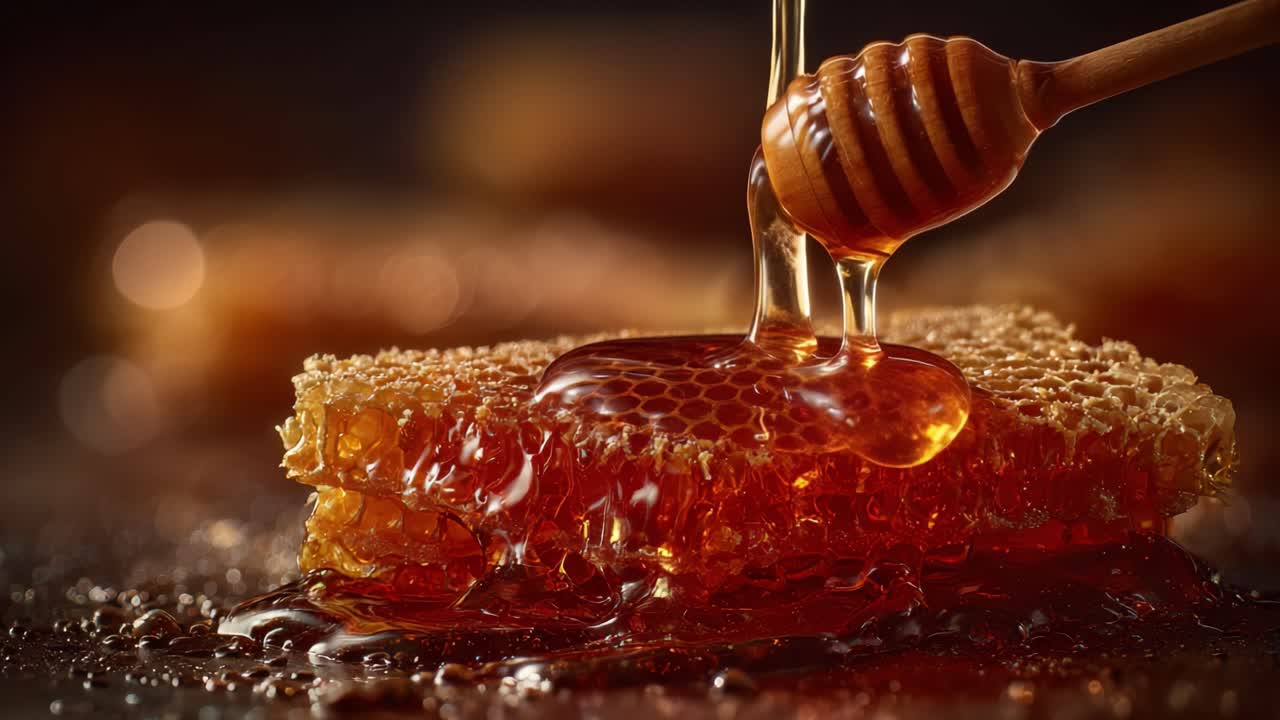 Deliziati con la dolcezza del miele: esplorando la ricca essenza dorata che cola dal favo con un mestolo di legno e mettendo in risalto sapori esotici in un primo piano.