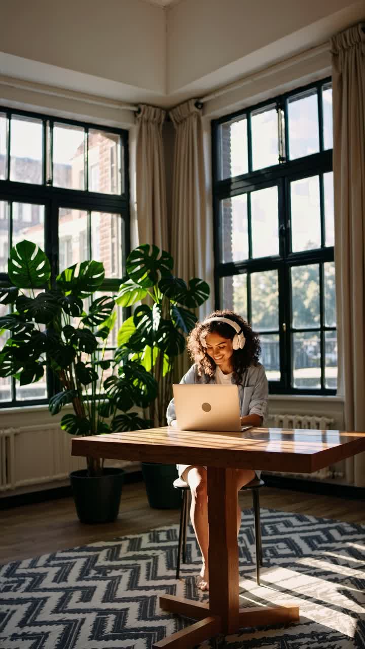 A woman with headphones works on a laptop in a sunlit room with large windows and plants