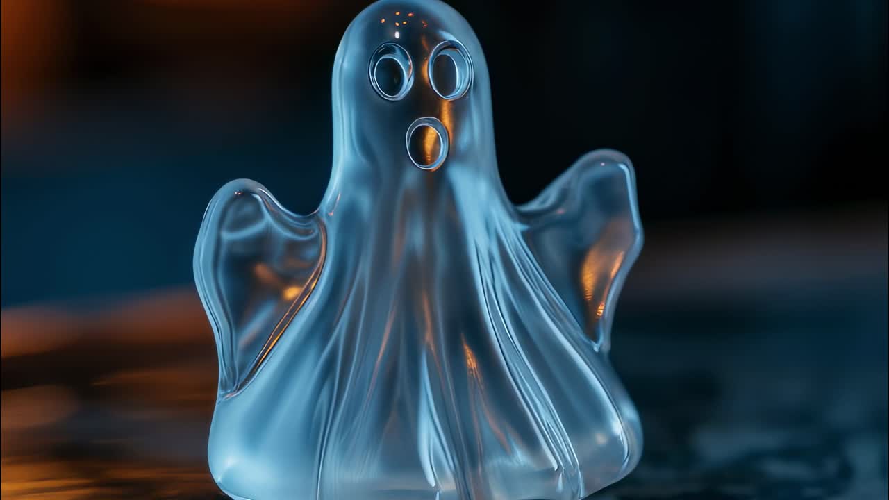 Glass ghost figurine standing on a reflective surface with orange light reflections coming from the left, creating a spooky and mysterious atmosphere, ideal for halloween or horror themed projects