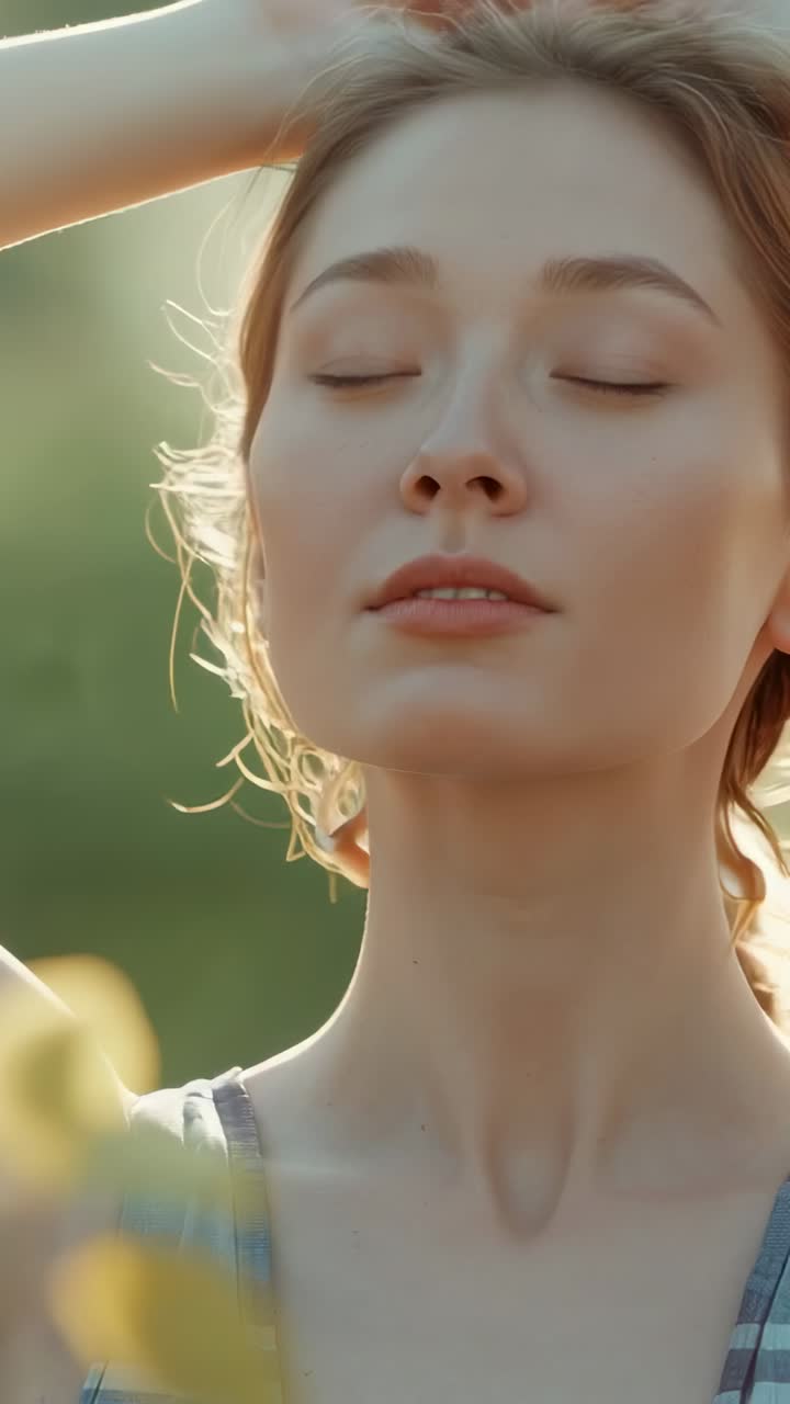 Vertical video: Sunlight guiding woman wearing plaid top lowering arms in meadow, finding calm