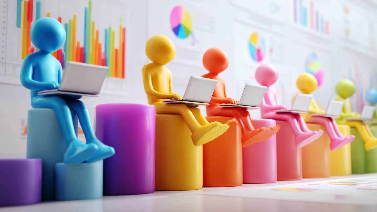 Vibrant Colorful Figures Analyzing Data: A Representation of Diverse Insights in a Modern Digital Environment with Various Charts Sequenced in an Engaging Display