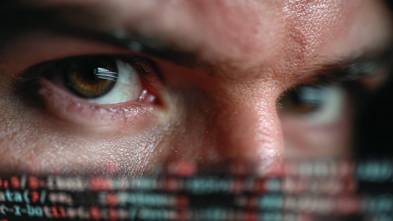 Intense Focus: A Close-Up View of a Programmer Engrossed in Code with Deep Concentration Displayed Through Glossy Eyes and Surrounding Lines of Programming Text
