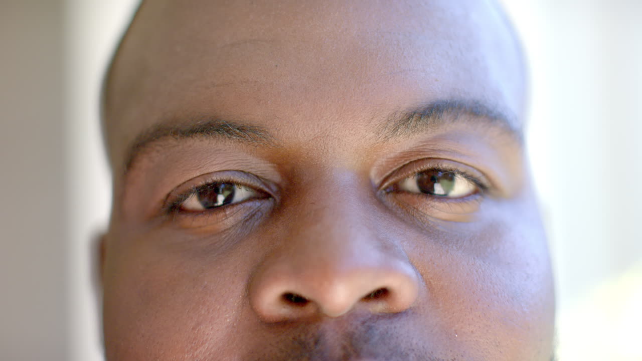 Close-up of man's face with focused eyes, looking directly at camera