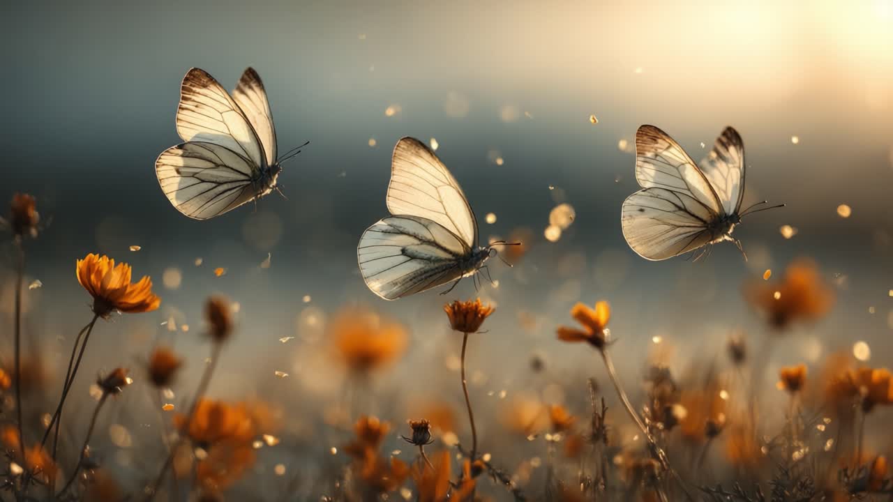 A Scenic Moment Captured: Butterflies Gracefully Dancing Among Golden Flowers in a Serene Natural Setting, Emphasizing the Beauty of Nature's Harmony