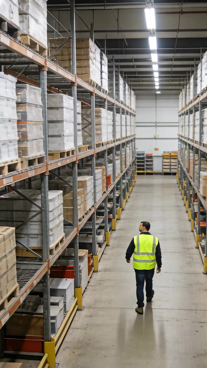Video vertical: Trabajador caminando con chaleco reflectante, revisando palés y cajas en un pasillo de almacén.