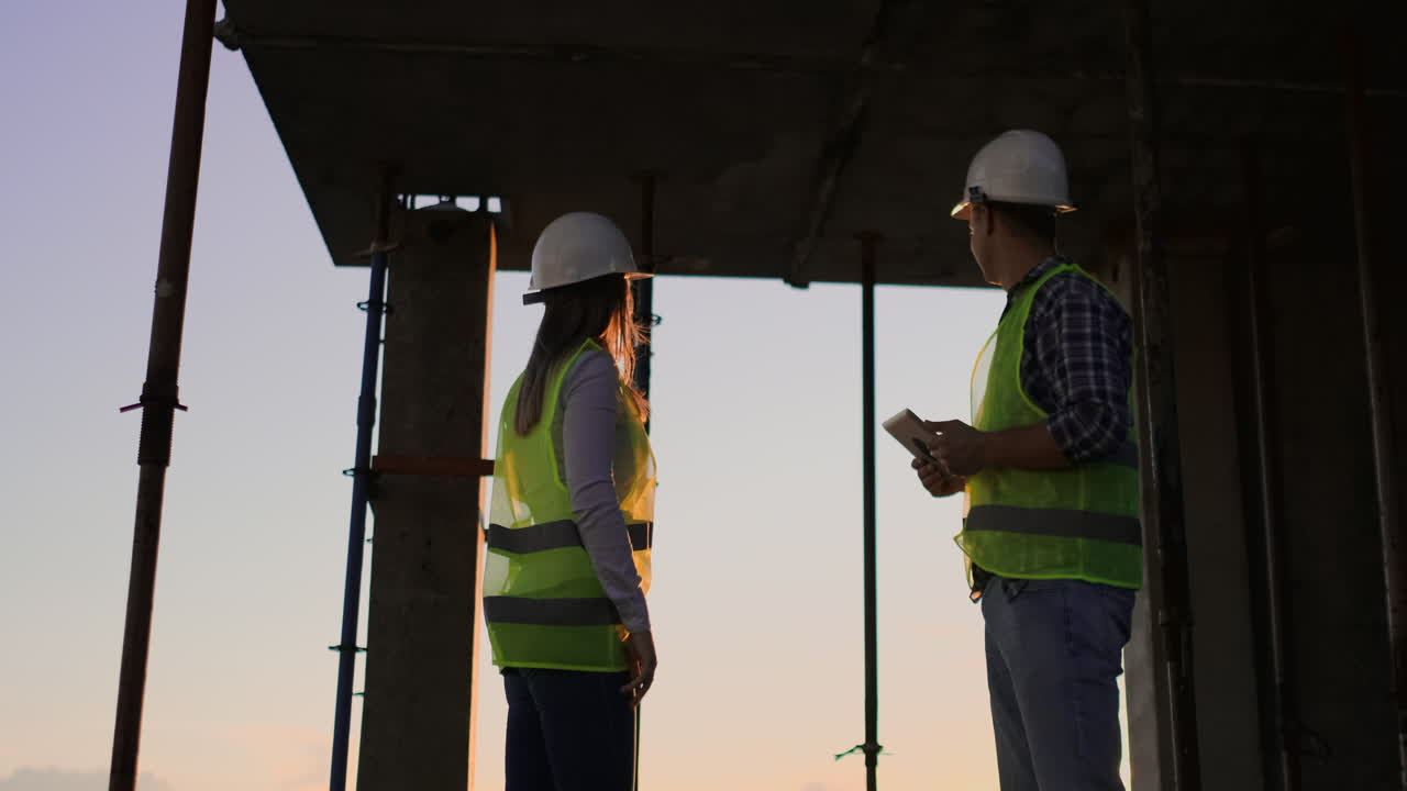 en cámara lenta de dos ingenieros están hablando sobre el futuro proyecto para la construcción de un rascacielos centro de negocios y estrechando la mano al atardecer.