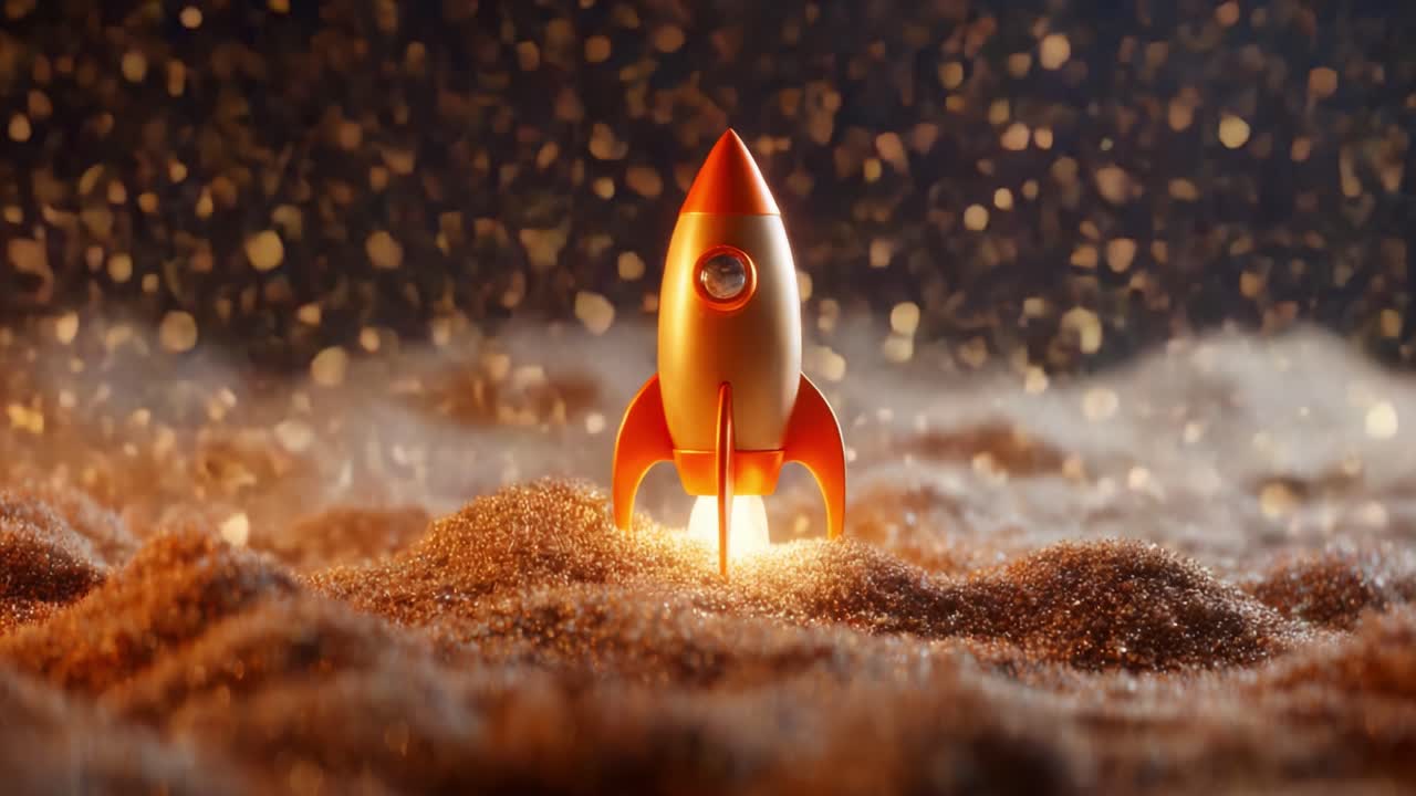 A Captivating Launch Sequence of a Stylized Rocket Rising Above an Expanse of Sand with Sparkling Particles, Creating a Sense of Adventure and Exploration in a Dreamlike Atmosphere