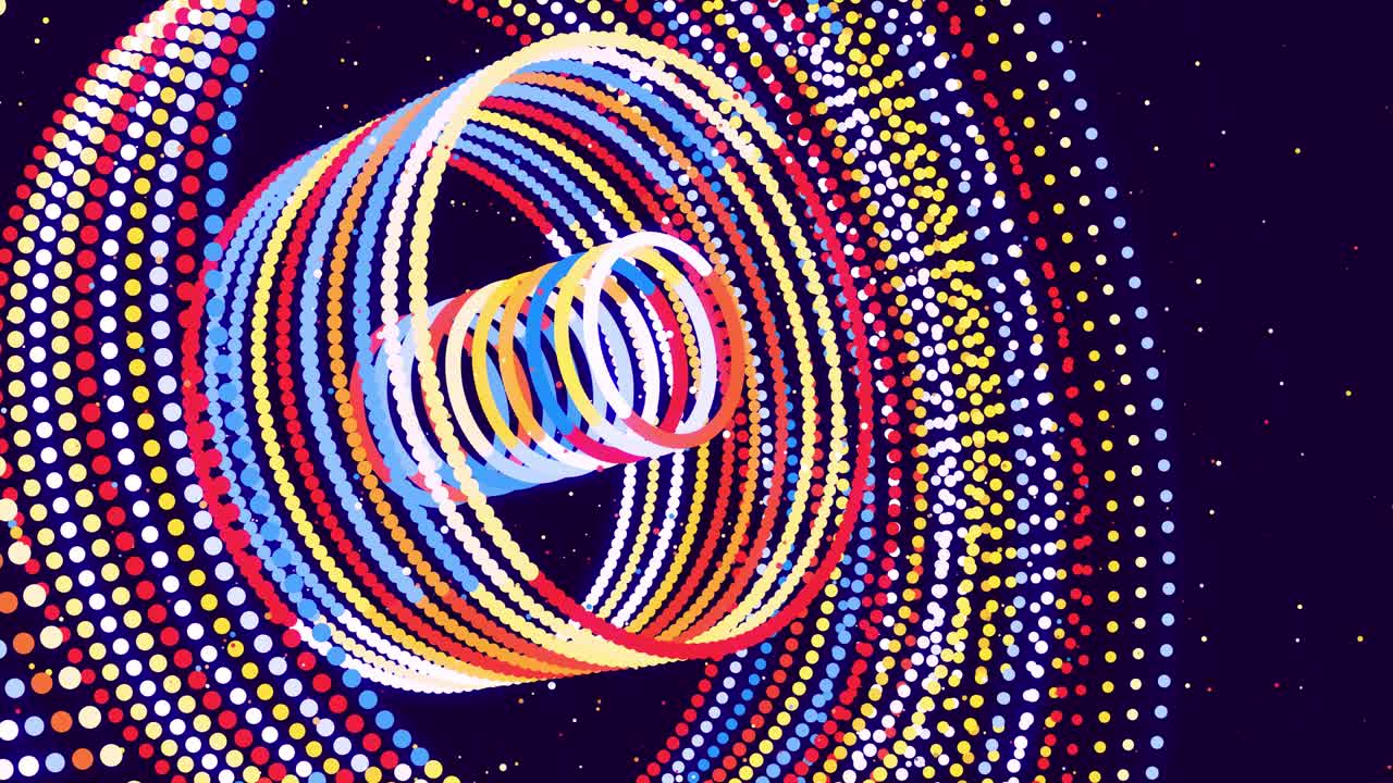 abstract bg con partículas y líneas multicolores retorcidas en anillos giran cíclicamente. animación en bucle como fondo de diseño de movimiento de líneas y partículas curvas. hermosas cintas. luma matte