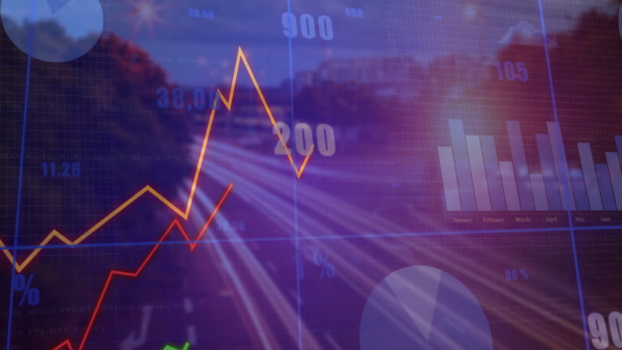 Jagged yellow line graph dancing across night highway, with red line, bar chart, pie chart floating