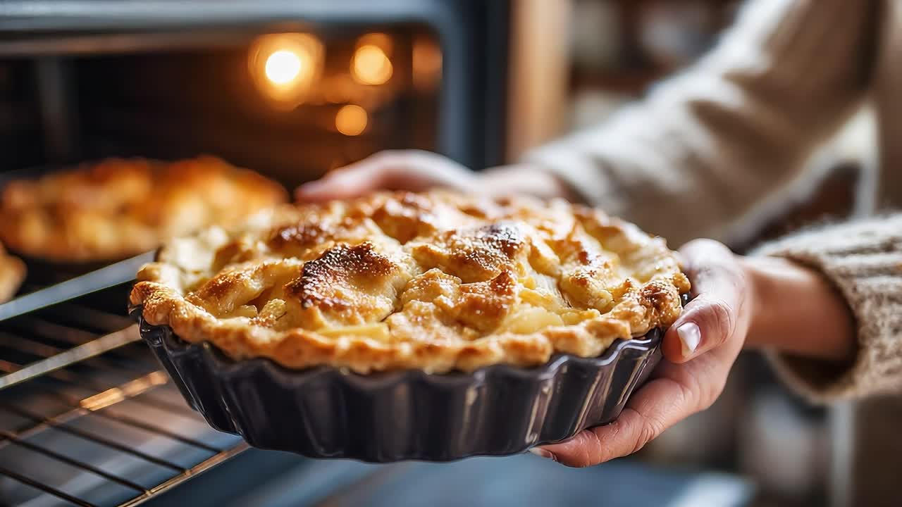 A Perfectly Baked Apple Pie Being Lifted from the Oven, Showcasing a Golden Crust and Deliciously Bubbly Filling in a Cozy Kitchen Setting