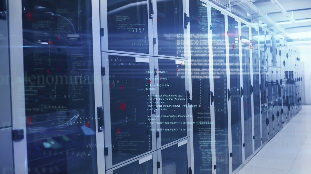 Animation of light spots and data processing against computer server room