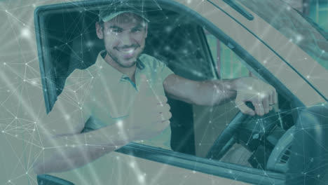 mensajero sentado en su furgoneta de entrega