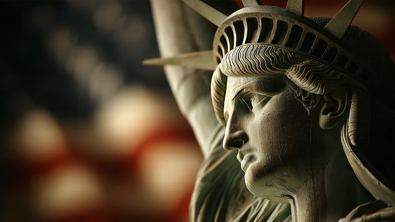 The Iconic Symbol of Freedom: A Close-Up View of the Statue of Liberty Against a Softly Blurred Background of American Flag Colors