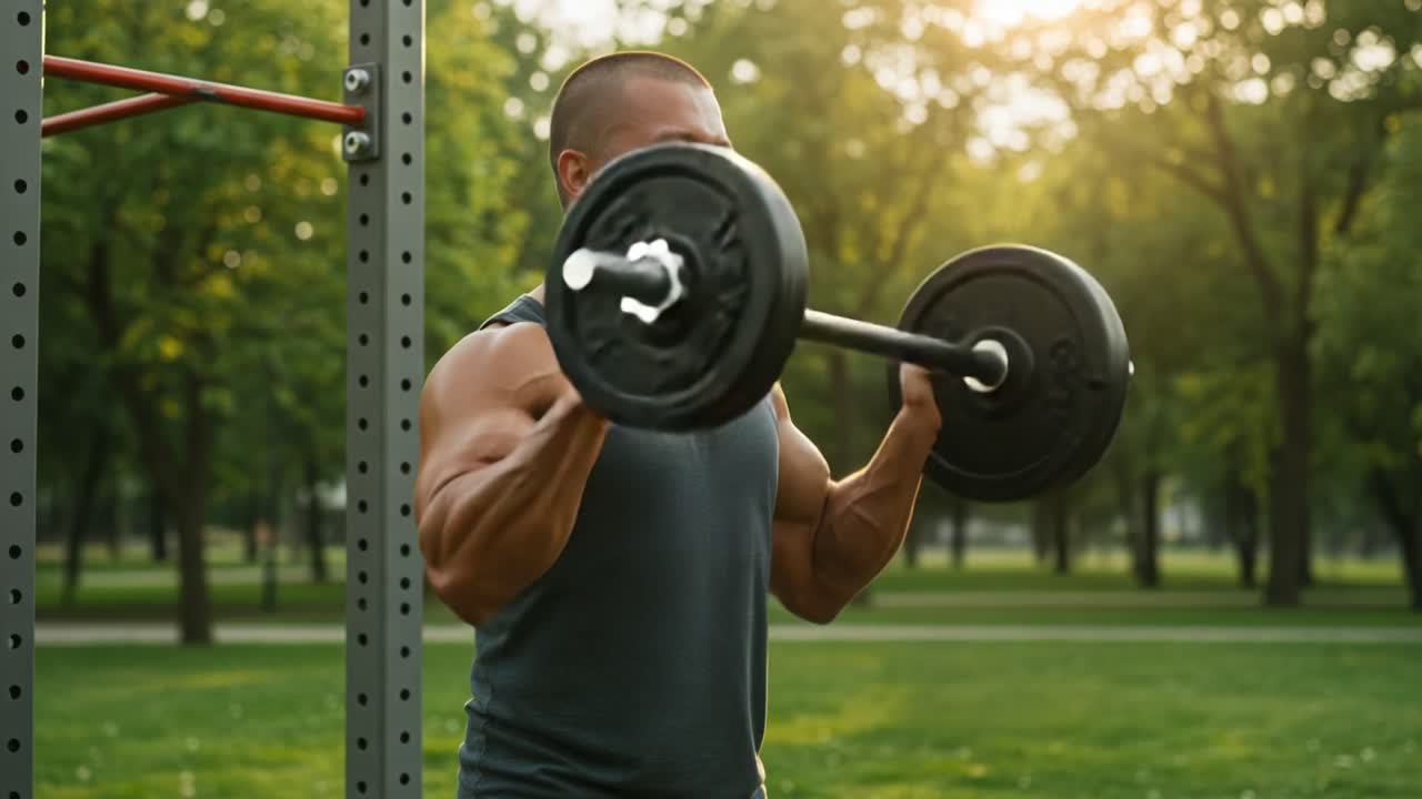 Man Exercising with Barbell in an Outdoor Park