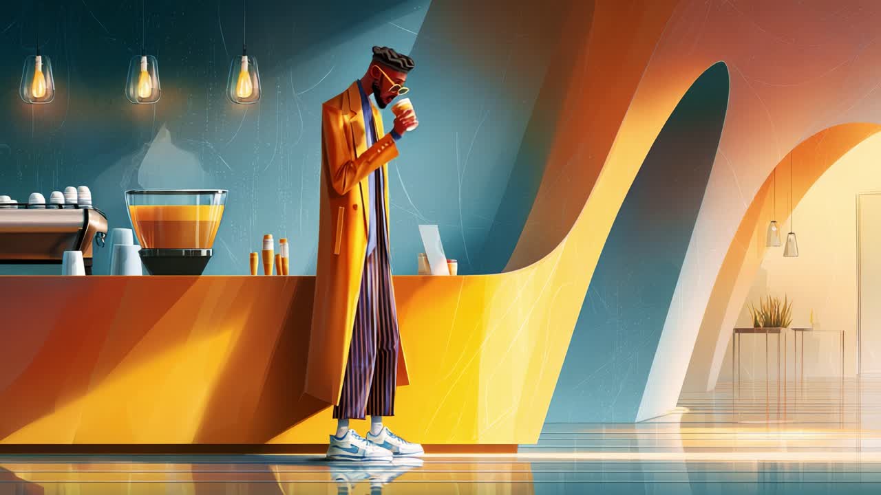 Stylish Individual Enjoying a Beverage in a Modern Café with Vibrant Colors and Unique Design Elements, Showcasing Minimalist Aesthetic and Atmospheric Lighting