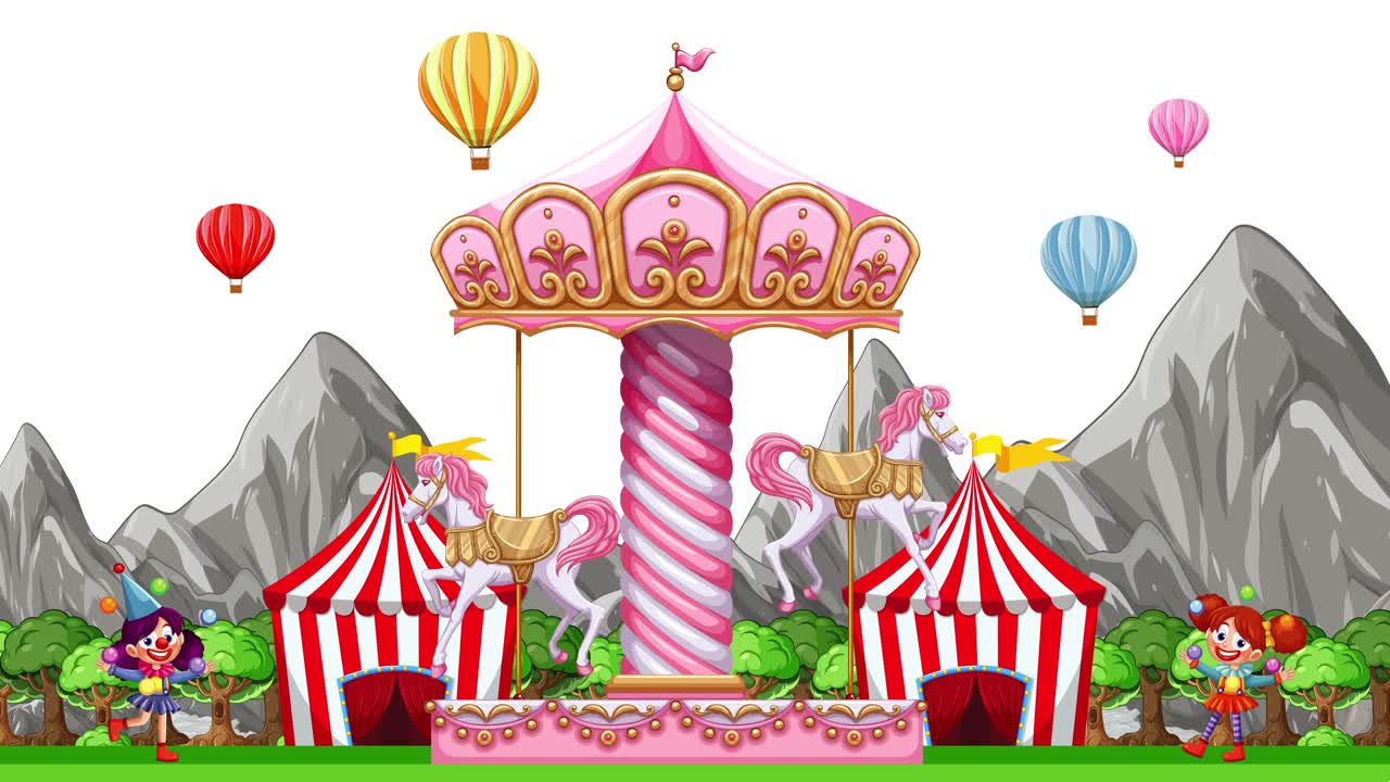 Colorful cartoon amusement park animation with rotating merry-go-round, circus tents, and floating hot air balloons