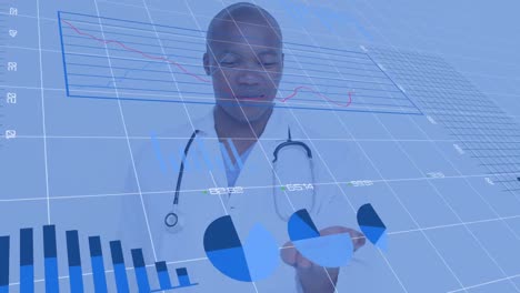 animación de procesamiento de datos sobre médico afroamericano con tabletas