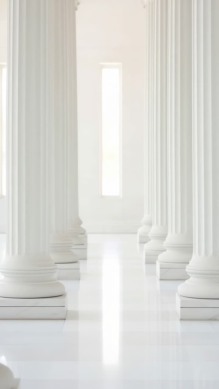Elegant neoclassical columns in a bright hallway, captured from a low angle