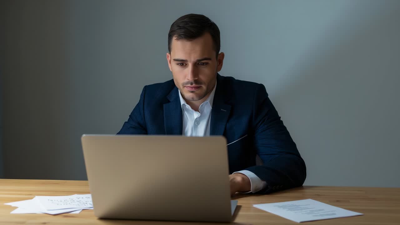 Sitting Hispanic professional in navy suit reviewing documents, typing on laptop at office desk