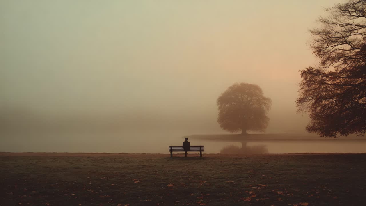 A Serene Morning Scene: A Solitary Figure on a Bench Overlooking a Misty Lake with a Majestic Tree Amidst a Soft, Golden Dawn Light