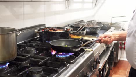 hand-held shot of a chef flipping vegetables on a steel pan on an open flame