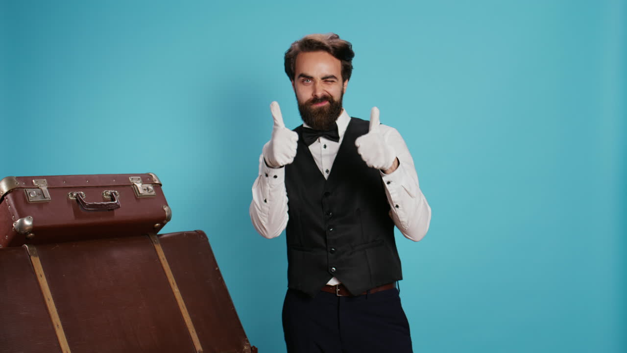 el conserje muestra los pulgares hacia arriba en el estudio