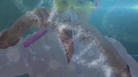 animación de círculo pulsante y estructura de adn sobre niño caucásico vertiendo químico en tubos de ensayo