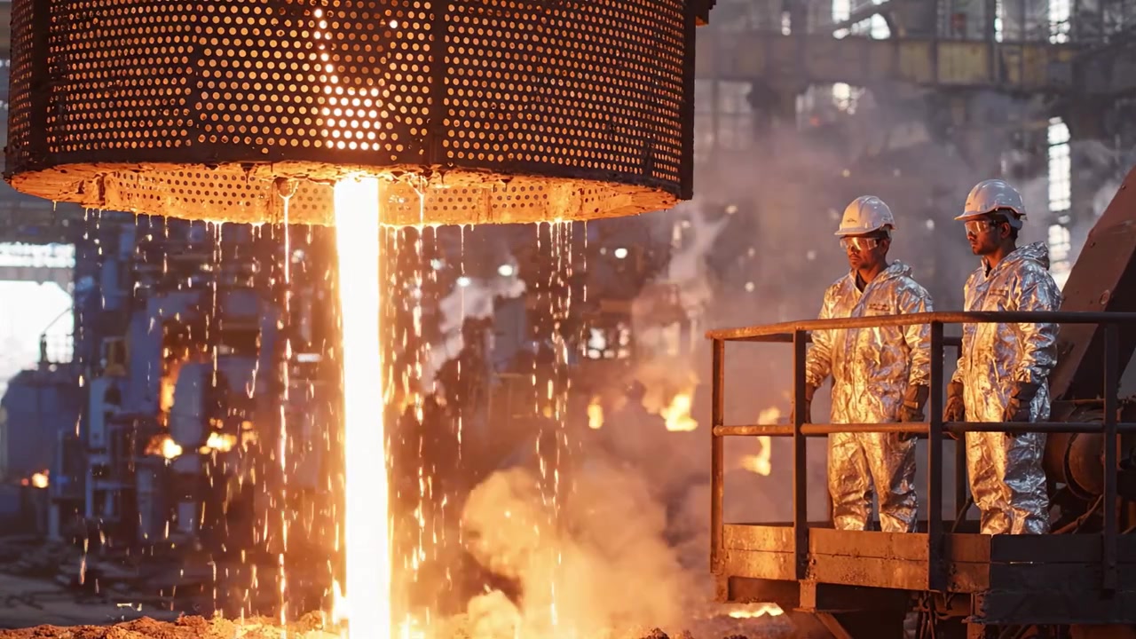 Operai con Equipaggiamento Protettivo Osservano Metallo Fuso che Cola da un Grande Contenitore All'Interno di una Fabbrica, Evidenziando Misure di Sicurezza e Processi Industriali in Azione