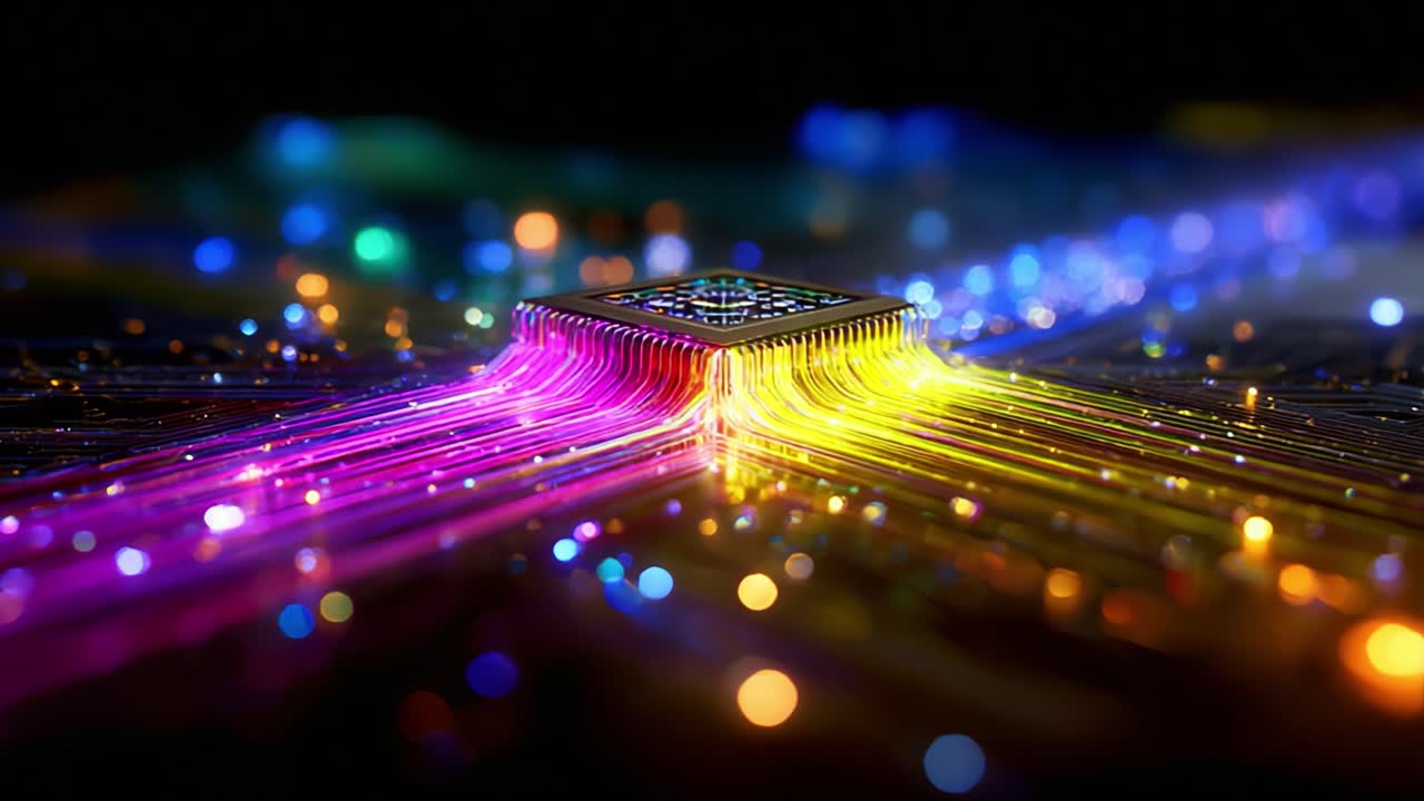 Exploring the Vibrant World of Quantum Computing: A Detailed Look at a High-Tech Processor Board Illuminated by Electric Currents and Colorful Light Trails