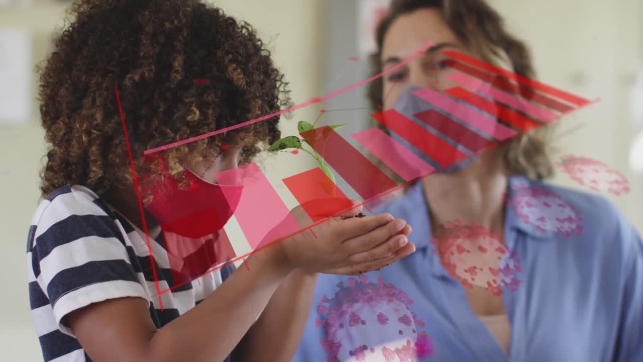 procesamiento de datos estadísticos de coronavirus contra un niño que sostiene una planta en la clase de biología