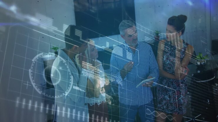 Business professionals discussing project data in modern office, with animated graphs and world map