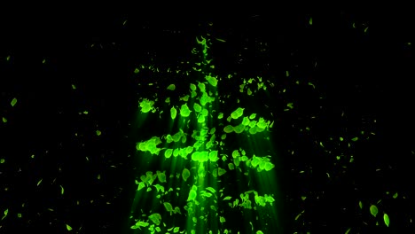 vortex from green leaves. spiral shiny particle of seasonal leaves. dancing leaf. colorful nature tunnel loop animation.