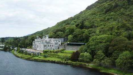 aerial push in shot towards kylemore abbey county galway ireland