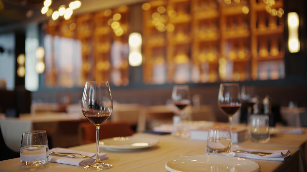 Allestimento elegante di un tavolo da ristorante con numerosi calici da vino, piatti e un'illuminazione ambientale calda.