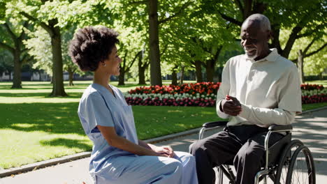 caregiver and elderly man in wheelchair having a conversation in a park