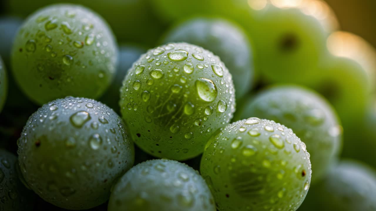 Close-up of Fresh Green Grapes Glistening with Dew Drops, Illustrating Nature's Bounty and Refreshing Healthy Snack Options for All Occasions