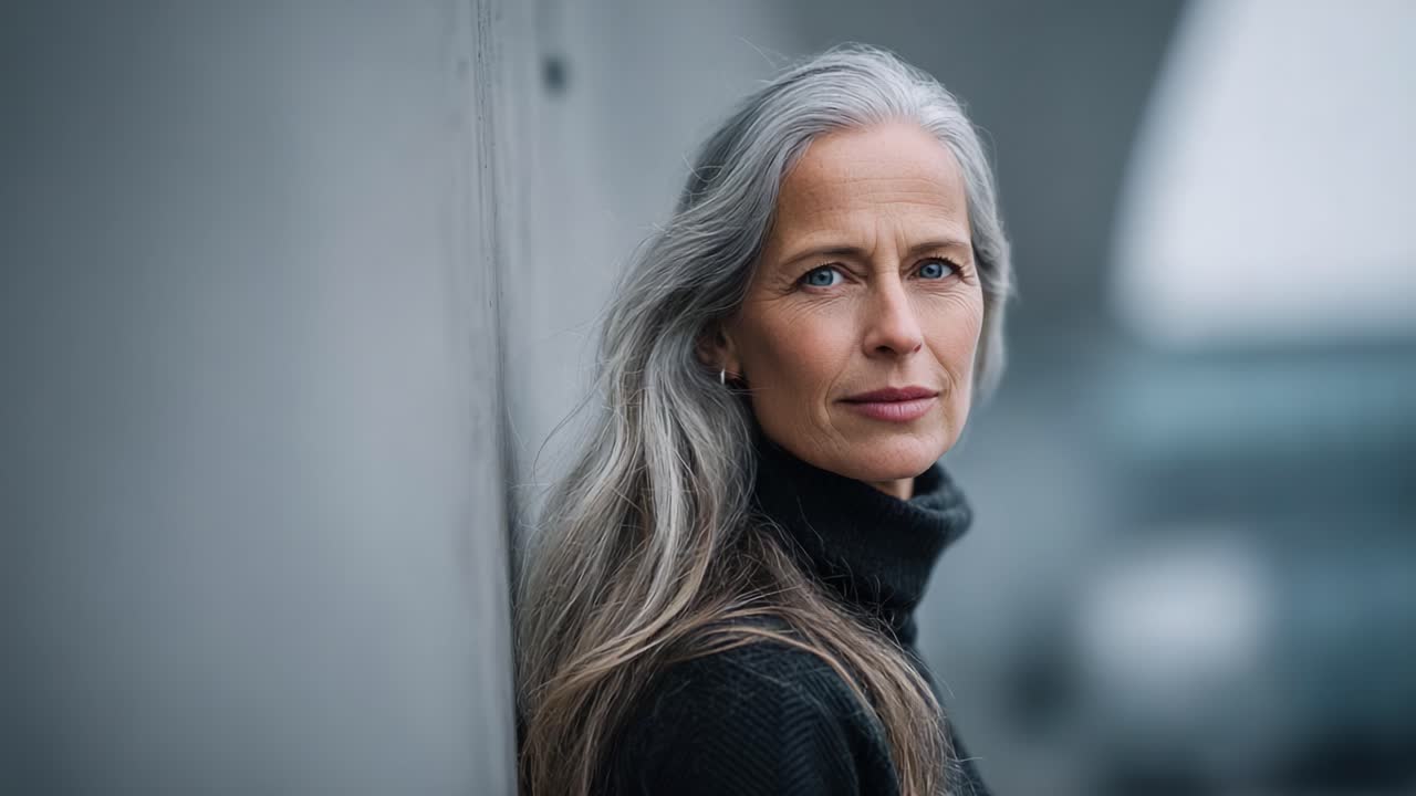 Captivating Portrait of a Mature Woman with Long Gray Hair and Intense Gaze, Set Against a Minimalist Backdrop Highlighting Natural Beauty and Poise