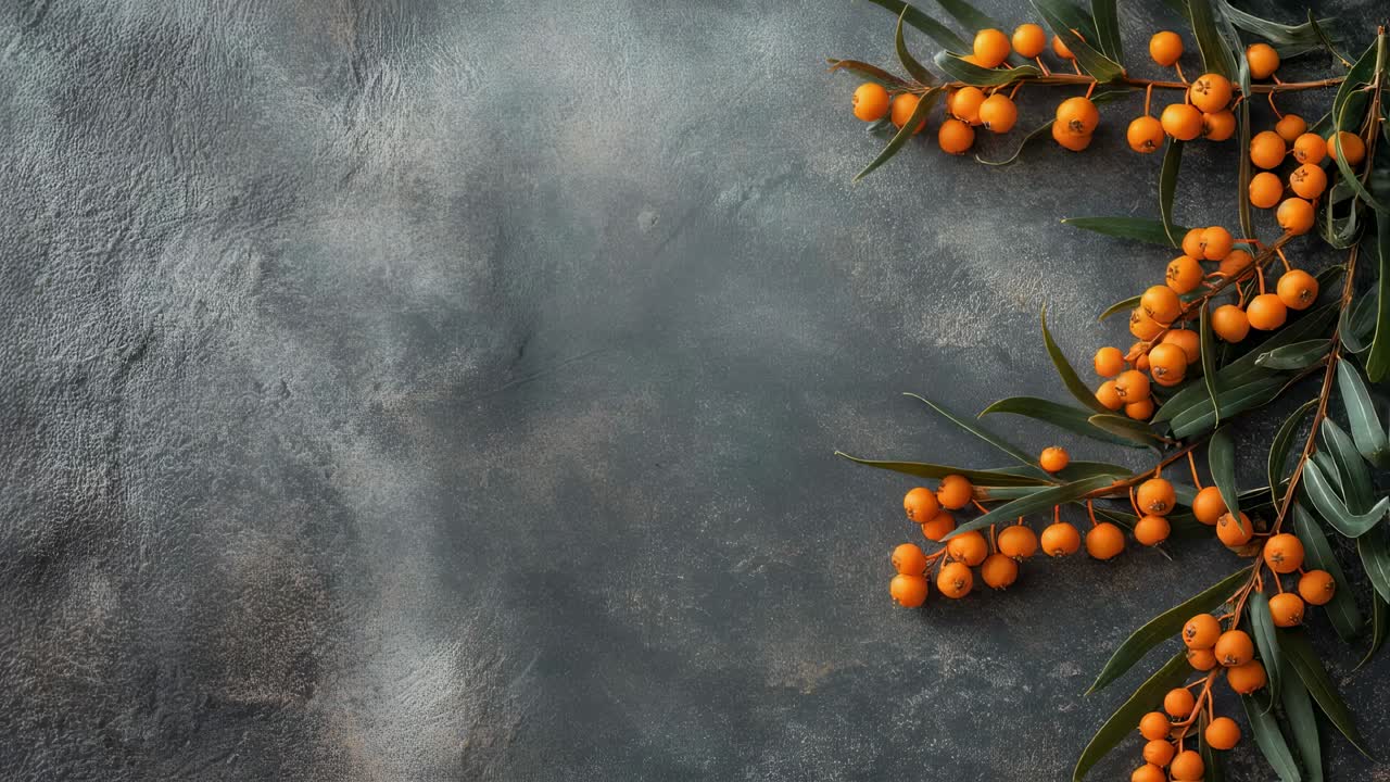 Bright orange berry branches spreading across shadowy textured background, creating minimalist organic composition with open negative space for graphic design elements