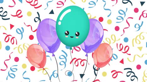 Animation-of-colourful-balloons-with-party-streamers-on-white-background