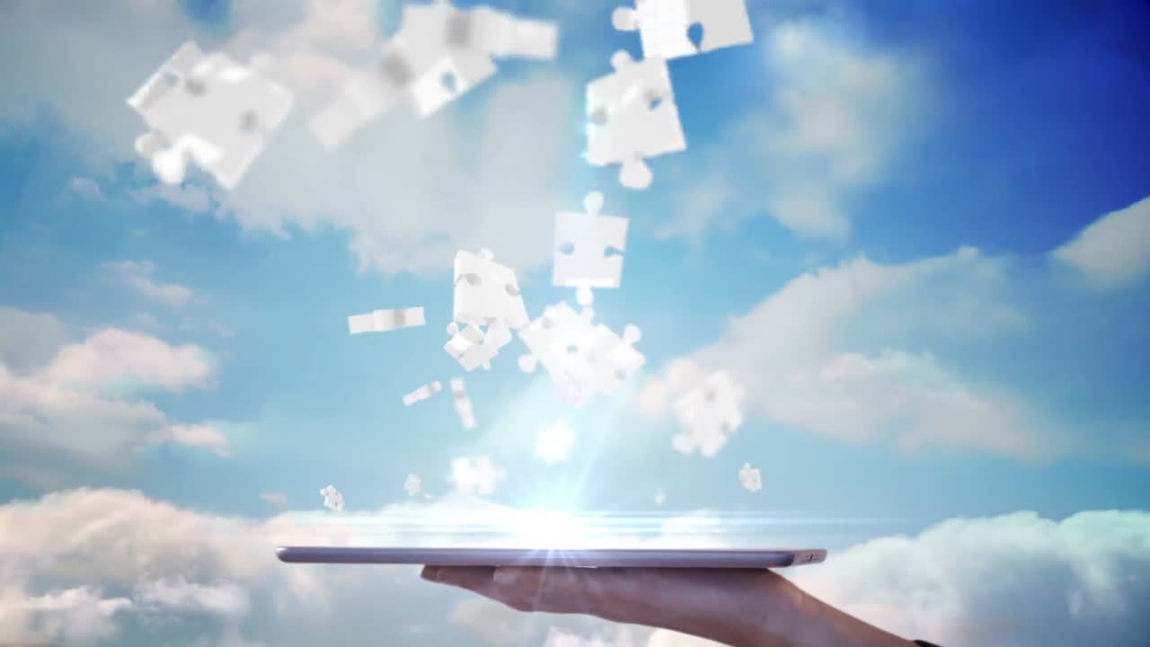 태블릿을 사용하여 홀로그램을 보는 사업가