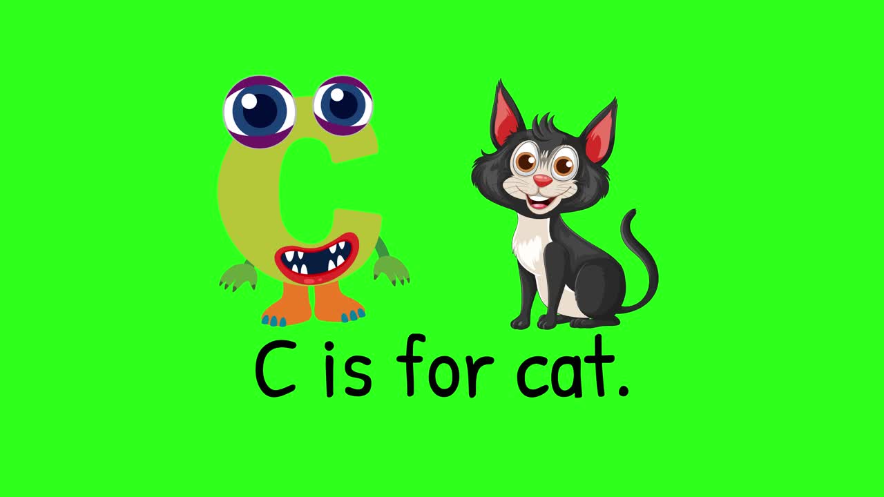 Playful animation of letter C and a cat with vibrant colors and engaging transitions on a green background