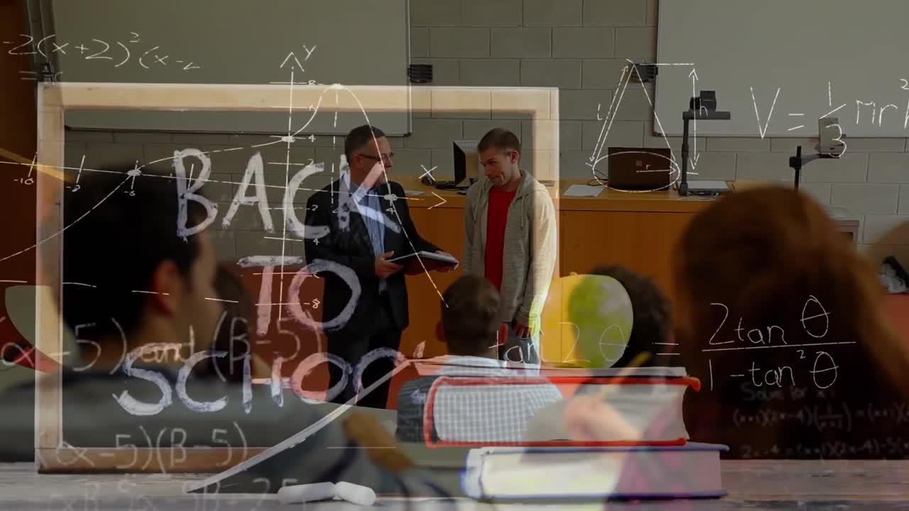 Animation of back to school text over caucasian male teacher with diverse students talking