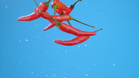 a group of red chilies jumping in air with water droplets, hitting each others