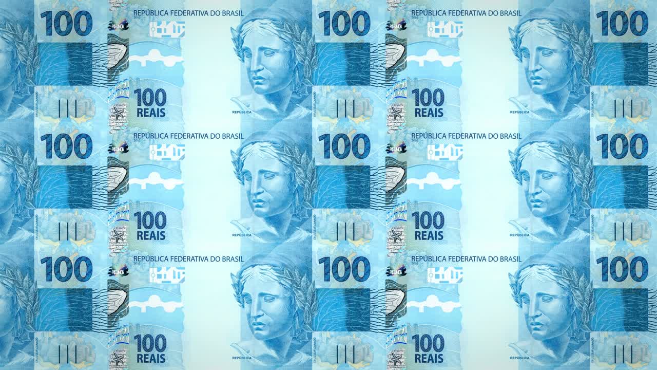 100 브라질 리알의 지폐가 스크린에 굴러, 현금, 루프