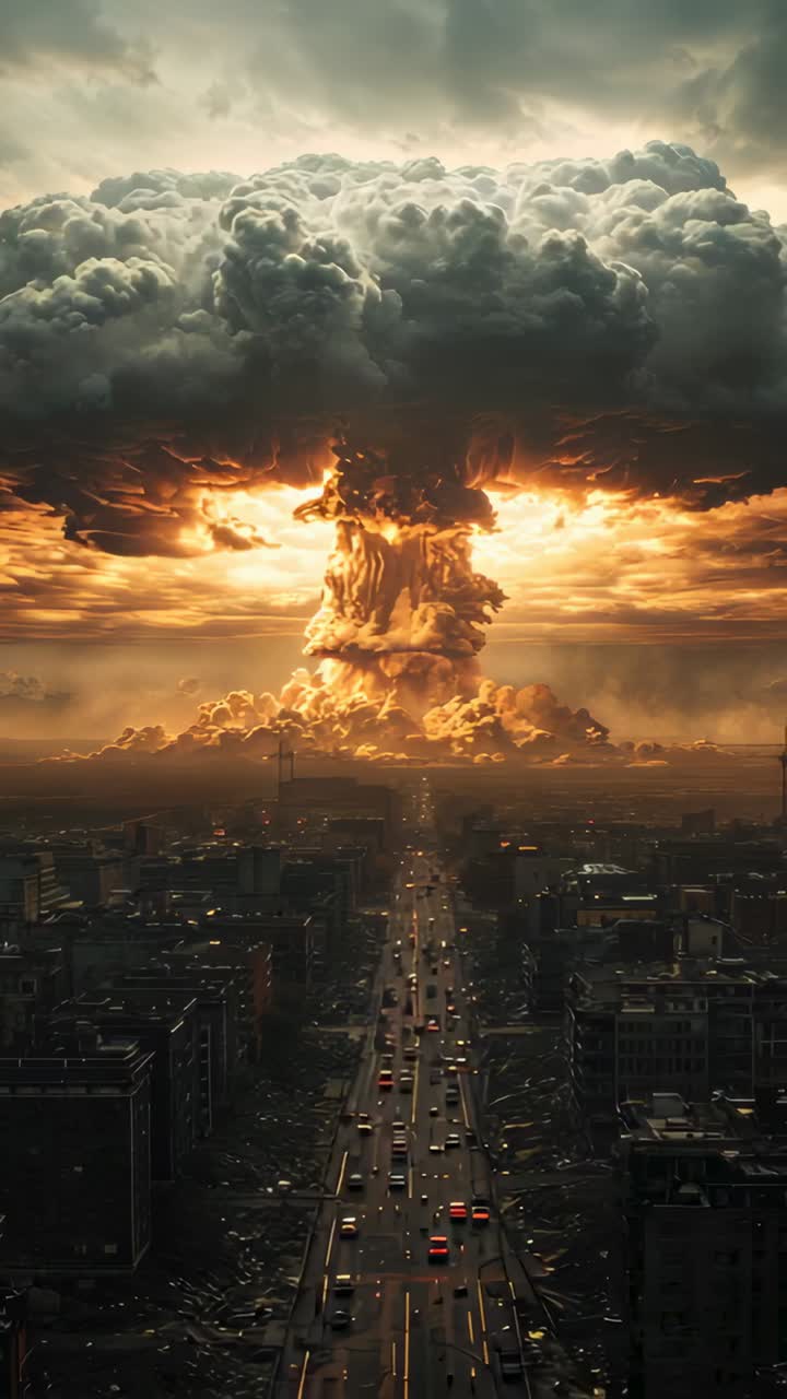 Vertical video: Explosion flash launching mushroom cloud over city avenue, with cars moving below